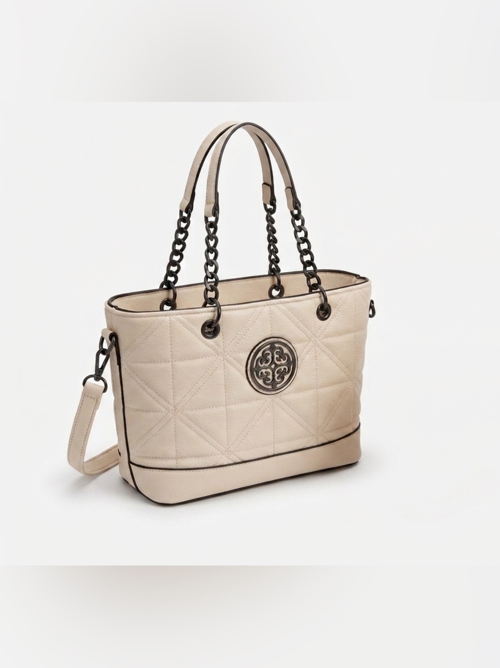 Quilted Cream Tote Bag with Black Trim